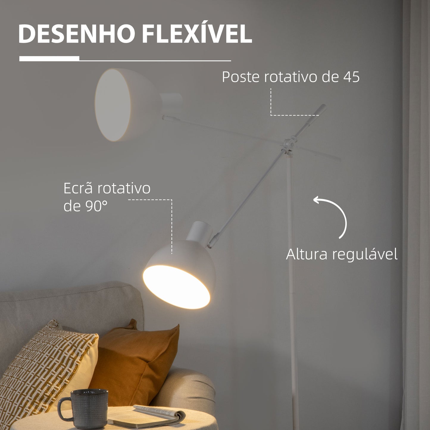 Candeeiro de Pé Estilo Industrial Lâmpada E27 Máx. 40W Candeeiro de Pé com Mastro Flexível Ecrã Giratório 90° para Dormitório Escritório Ø30x131-155cm Branco