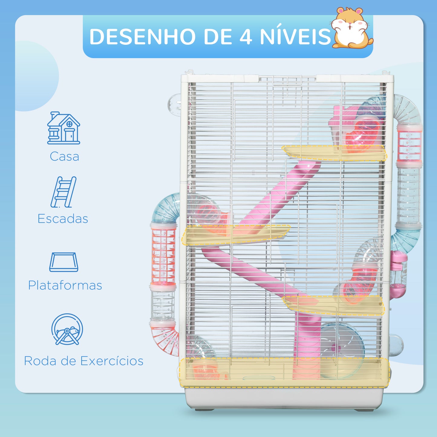 PawHut Gaiola para Hamster com Túnel Gaiola para Roedores com 3 Portas Plataformas Bandeja Comedouro Bebedouro Casa 3 Rampas e Roda de Exercícios 47x29,5x76 cm Branco