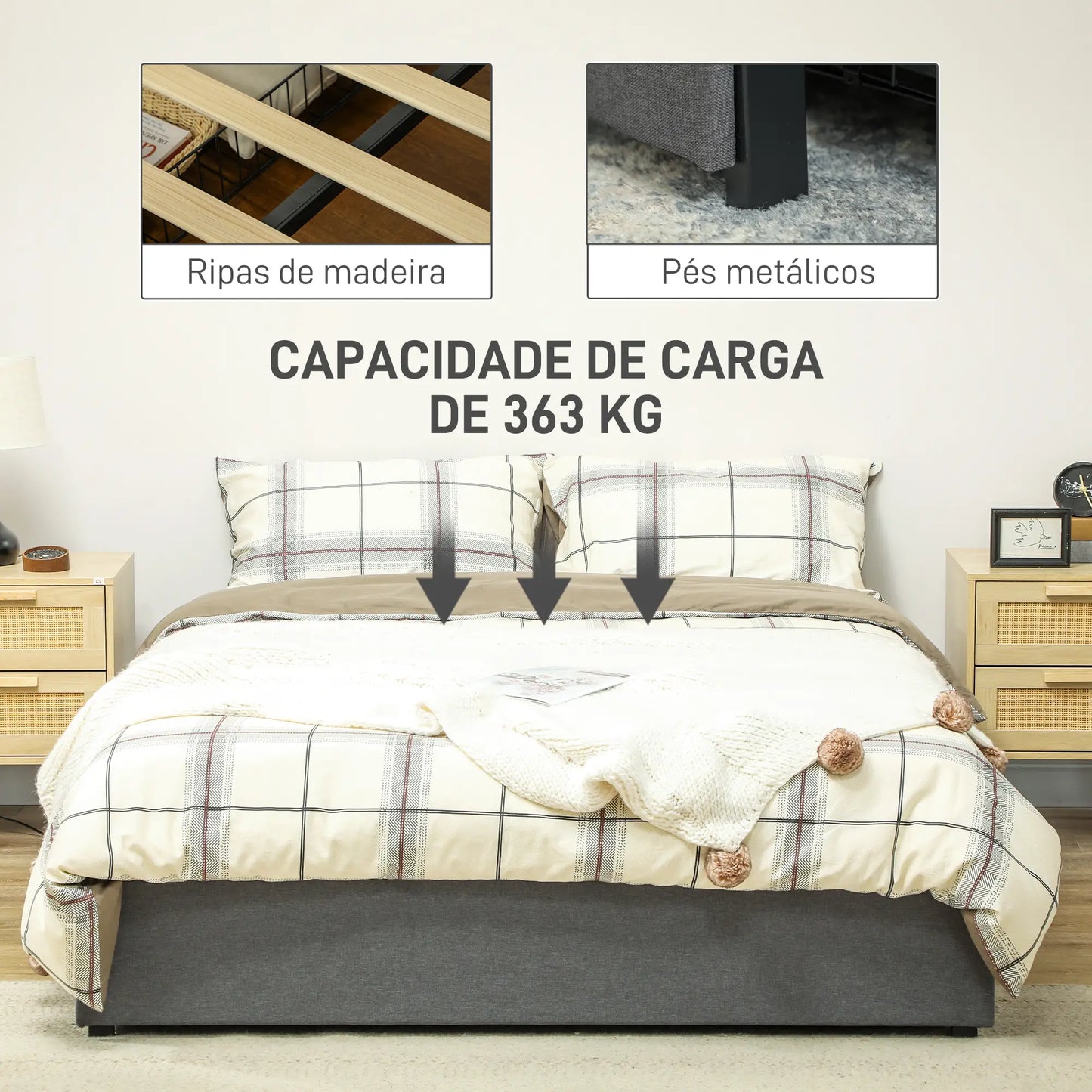 Estrutura de Cama de Casal "Storage" - 140x190 cm - Cinza - Design com Gavetas e Suporte Robusto