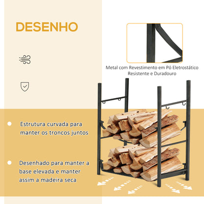 Outsunny Suporte para Lenha de 2 Níveis Porta Lenha Exterior e Interior Metálico com 4 Ferramentas para Lareira Carga Máx. 70kg 44,5x29,x73 cm Preto