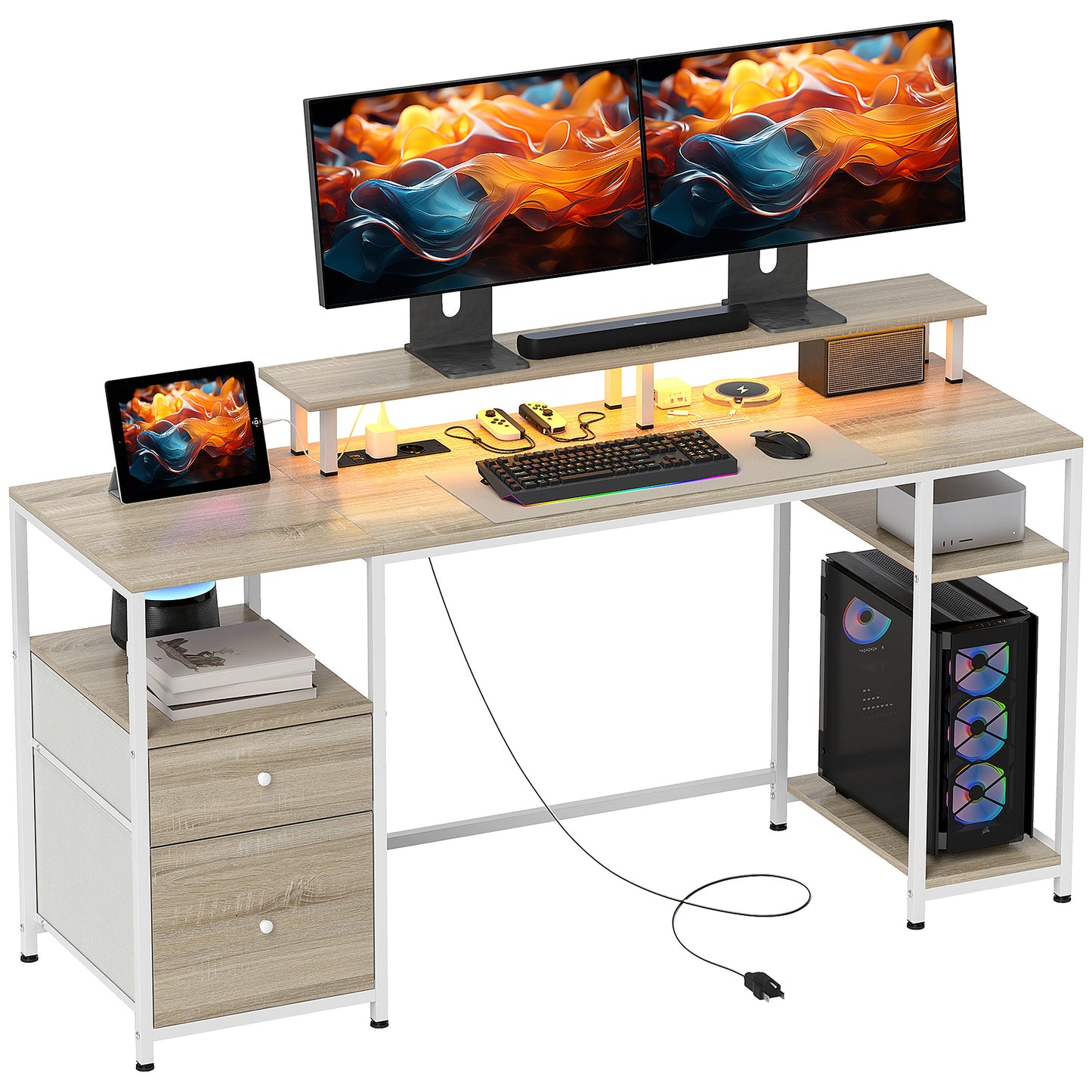 HOMCOM Mesa para Computador Secretária com Luzes LED Prateleiras Gavetas Plug Entrada USB e Suporte para Monitor para Escritório Estúdio 155,5x48x75,5 cm Madeira