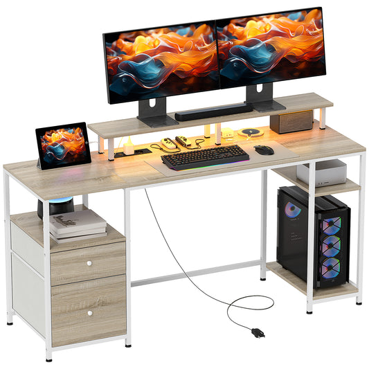 HOMCOM Mesa para Computador Secretária com Luzes LED Prateleiras Gavetas Plug Entrada USB e Suporte para Monitor para Escritório Estúdio 155,5x48x75,5 cm Madeira