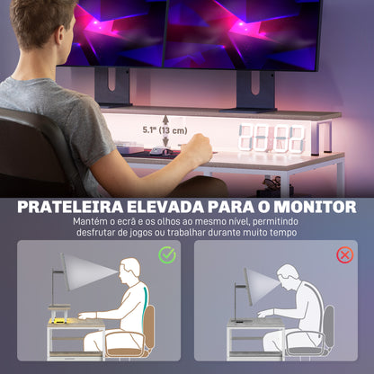 HOMCOM Mesa para Computador Secretária com Luzes LED Prateleiras Gavetas Plug Entrada USB e Suporte para Monitor para Escritório Estúdio 155,5x48x75,5 cm Madeira