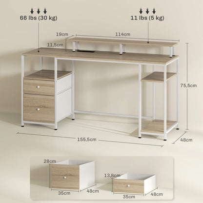 HOMCOM Mesa para Computador Secretária com Luzes LED Prateleiras Gavetas Plug Entrada USB e Suporte para Monitor para Escritório Estúdio 155,5x48x75,5 cm Madeira