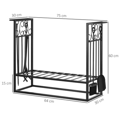 HOMCOM Suporte para Lenhas 75x30x60cm Porta Lenha com Desenho Vintage com 4 Ferramentas Base Elevada Carga Máxima 100kg Aço Preto