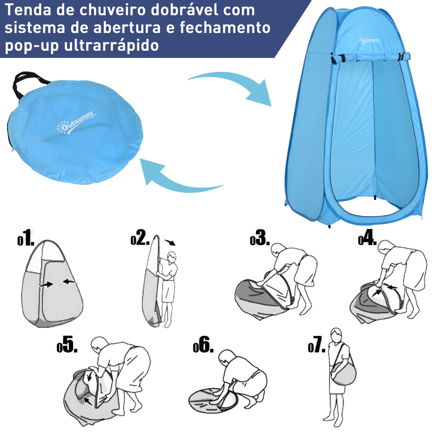 Outsunny Tenda de Duche para Campismo Dobrável Pop UP Tenda de Privacidade com proteção UV e Tecido Impermeável 100x100x185cm Azul