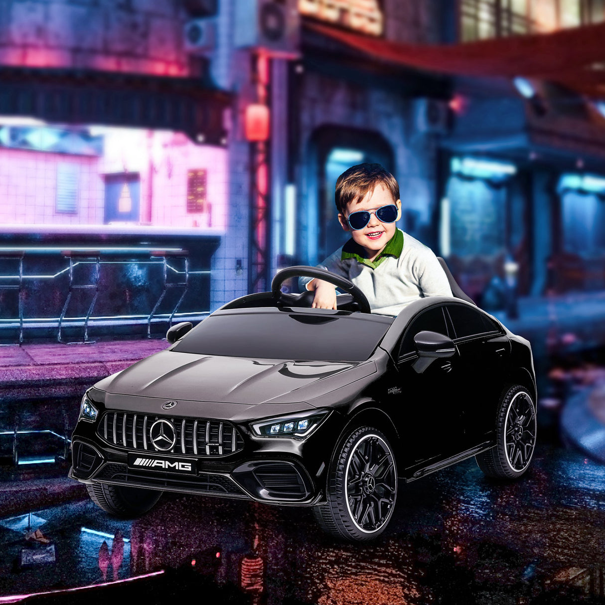 AIYAPLAY Carro Elétrico para Crianças acima de 3 Anos Carro Mercedes AMG CLA 45 Carro Elétrico Infantil com Bateria 12V Controlo Remoto Faróis LED Buzina Música e Rodas Auxiliares 110x61x45 cm Preto