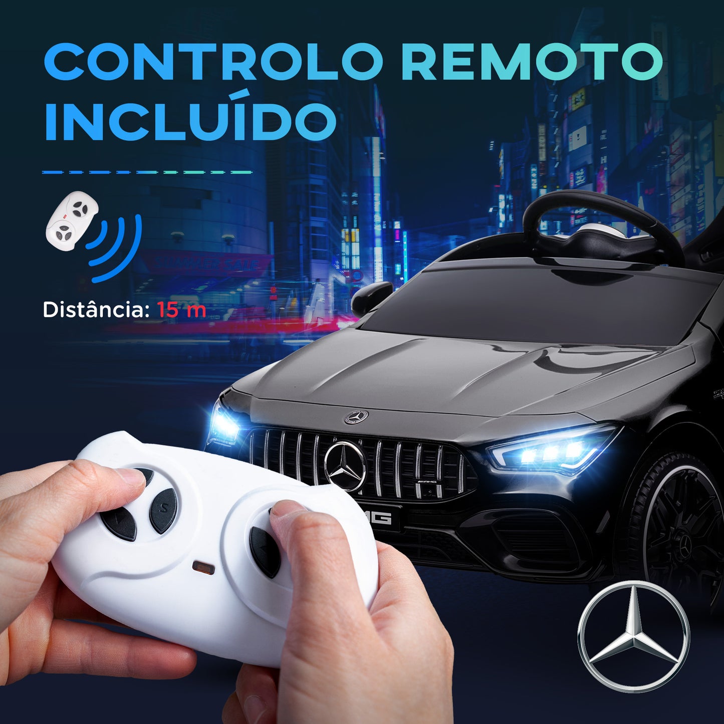 AIYAPLAY Carro Elétrico para Crianças acima de 3 Anos Carro Mercedes AMG CLA 45 Carro Elétrico Infantil com Bateria 12V Controlo Remoto Faróis LED Buzina Música e Rodas Auxiliares 110x61x45 cm Preto