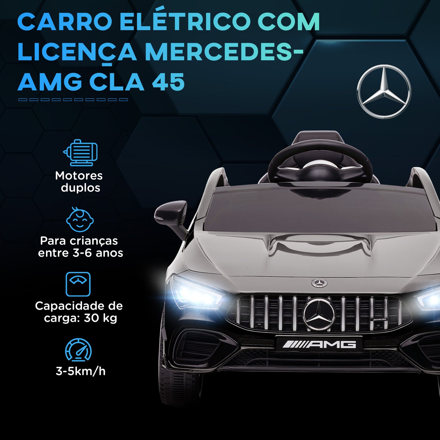 AIYAPLAY Carro Elétrico para Crianças acima de 3 Anos Carro Mercedes AMG CLA 45 Carro Elétrico Infantil com Bateria 12V Controlo Remoto Faróis LED Buzina Música e Rodas Auxiliares 110x61x45 cm Preto