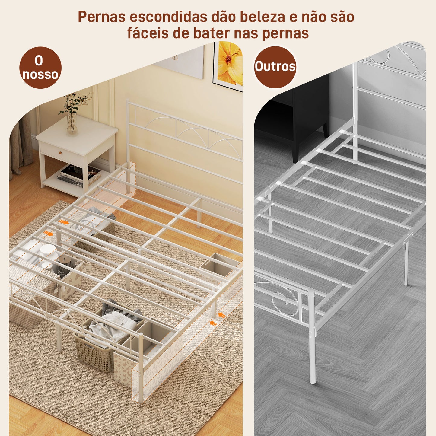 HOMCOM Cama de Casal 135x190 cm Estrutura de Ripas com Cabeceira de Ripas de Aço e Espaço de Arrumação por Baixo da Cama Carga 330 kg Branca