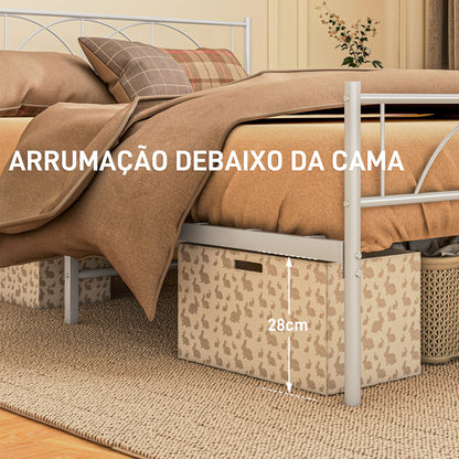 HOMCOM Cama de Casal 135x190 cm Estrutura de Ripas com Cabeceira de Ripas de Aço e Espaço de Arrumação por Baixo da Cama Carga 330 kg Branca