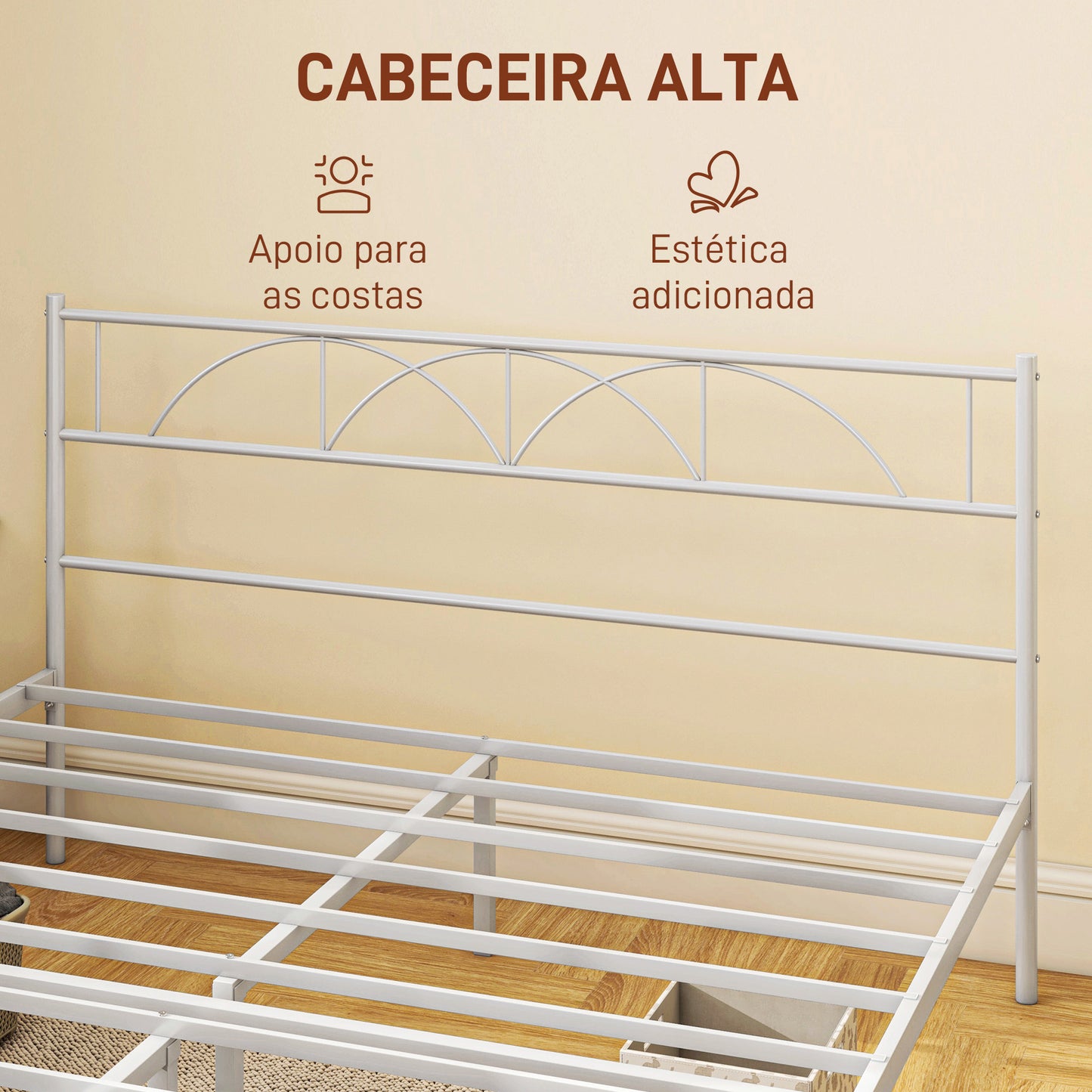 HOMCOM Cama de Casal 135x190 cm Estrutura de Ripas com Cabeceira de Ripas de Aço e Espaço de Arrumação por Baixo da Cama Carga 330 kg Branca