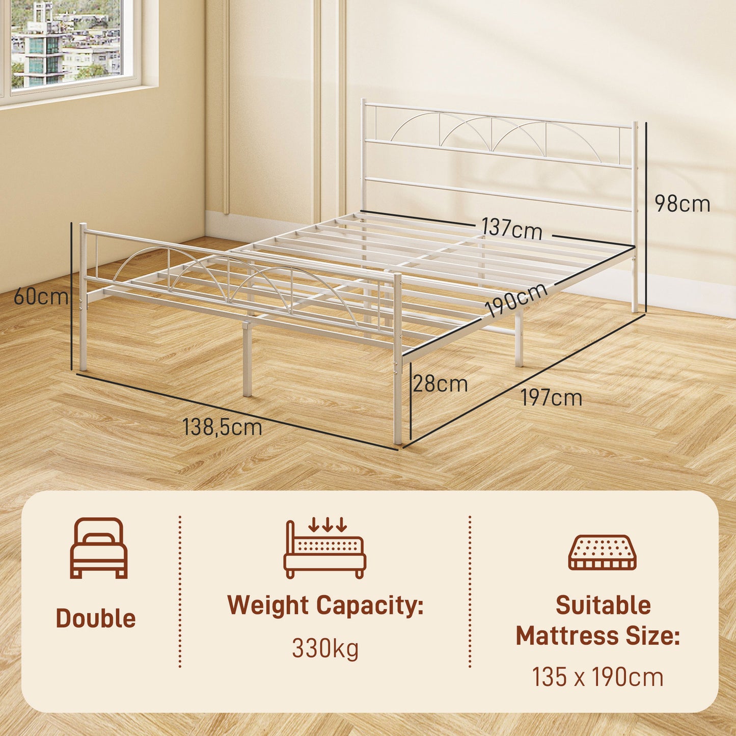 HOMCOM Cama de Casal 135x190 cm Estrutura de Ripas com Cabeceira de Ripas de Aço e Espaço de Arrumação por Baixo da Cama Carga 330 kg Branca