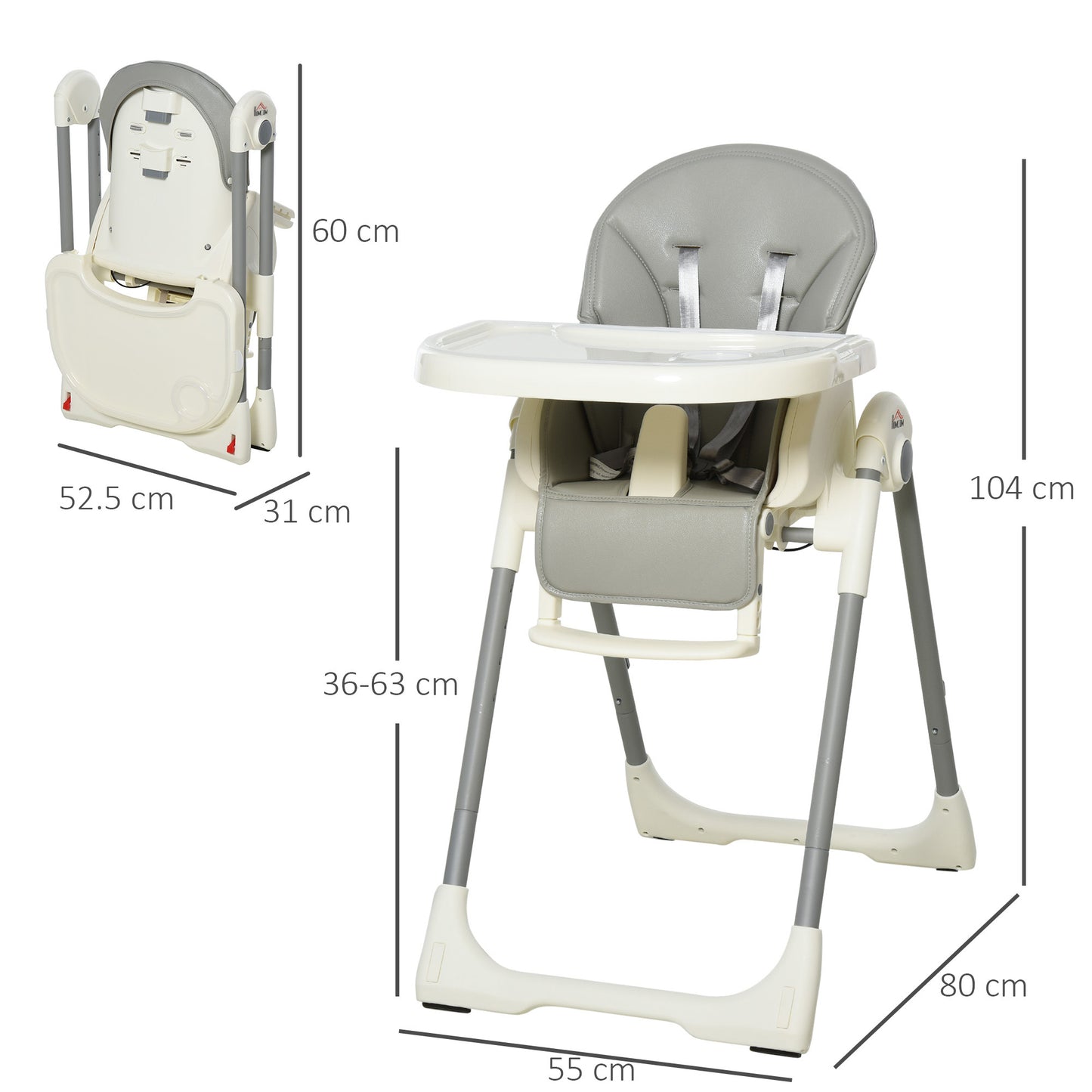 HOMCOM Cadeira de refeição ajustável e dobrável para bebê acima de 6 meses com bandeja dupla Cadeira de refeição portátil Reclinável com 2 rodas e freios 55x80x104 cm Cinza