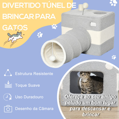 PawHut Túnel para Gatos com Caverna Túnel para Animais de Estimação com Orifício Superior Porta Dianteira Poste de Sisal e Bola Suspensa 48x95x58cm Cinza