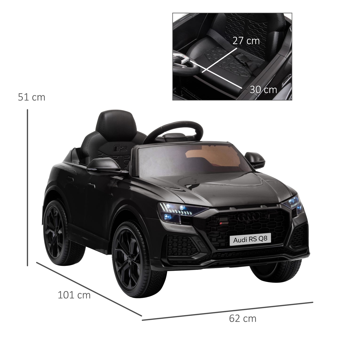 HOMCOM Carro Elétrico Infantil acima de 3 anos Licença Audi RS Q8 com Bateria 6V Controle a Distância Música MP3 Buzina e Luzes Velocidade Máx. 3km/h 101x62x51cm Preto