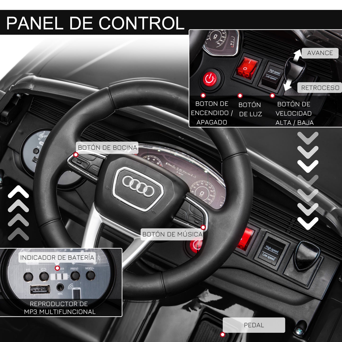 HOMCOM Carro Elétrico Infantil acima de 3 anos Licença Audi RS Q8 com Bateria 6V Controle a Distância Música MP3 Buzina e Luzes Velocidade Máx. 3km/h 101x62x51cm Preto