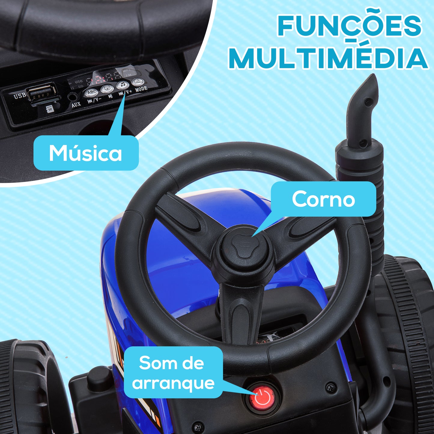 HOMCOM Trator Elétrico com Reboque Amovível Carro Elétrico para Crianças 3-6 Anos com Controlo Remoto Música MP3 Luzes e Cinto de Segurança 136,5x50x52,5 cm Azul