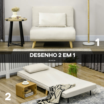 Poltrona 2 em 1 Sofá Cama Individual Dobrável com Encosto Ajustável e Almofada para Sala de Estar Dormitório Escritório Carga 125 kg 90x78x79 cm Bege