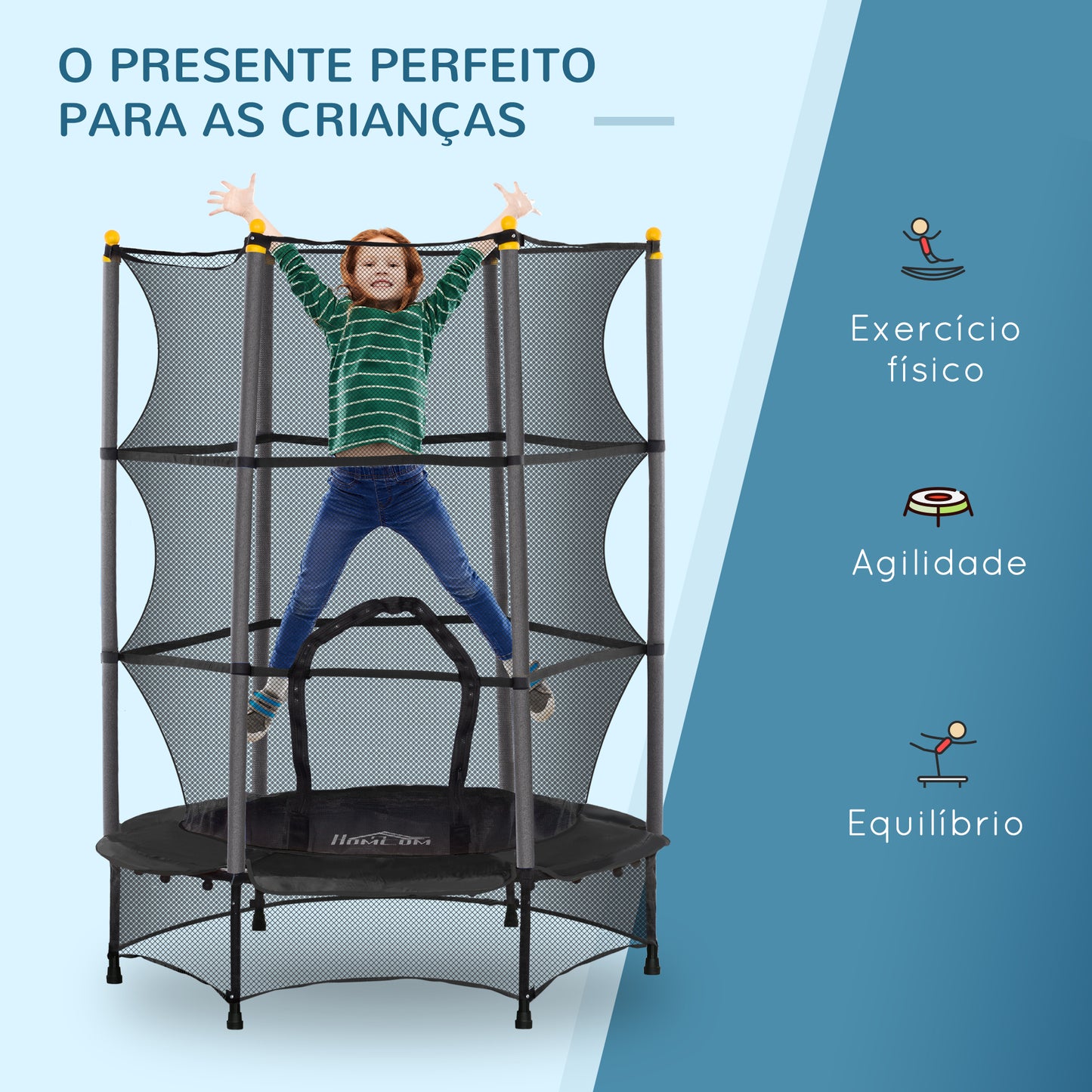 HOMCOM Trampolim para Crianças acima de 3 Anos Cama Elástica Infantil com Rede de Segurança e Estrutura de Aço para Interiores e Exteriores Carga 50kg Ø140x190 cm Preto