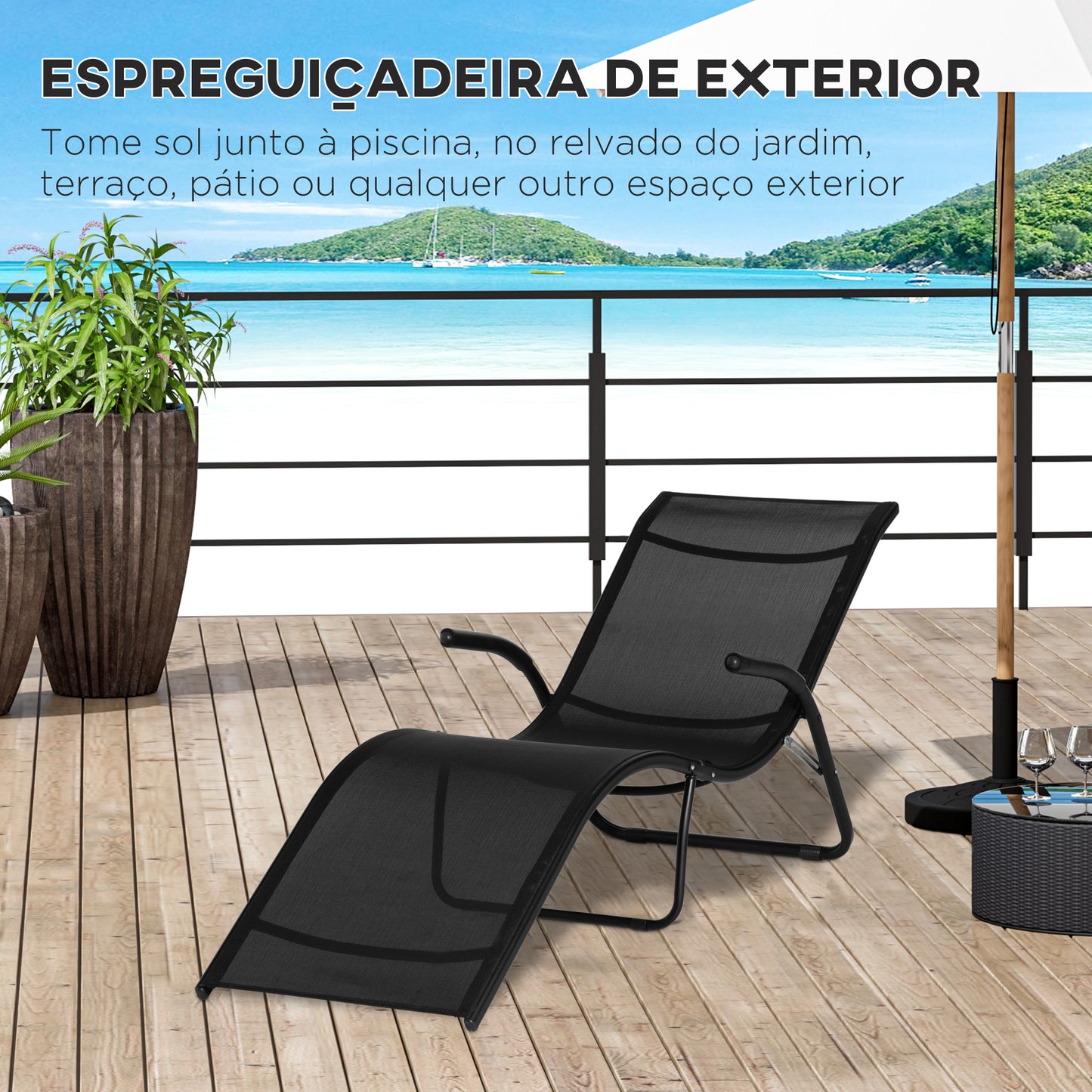 Outsunny Espreguiçadeira de Jardim com Apoio para os Braços Apoio para os Pés Encosto Respirável e Estrutura de Metal Ergonómico para Terraço Praia Acampamento 170x62x68cm Preto