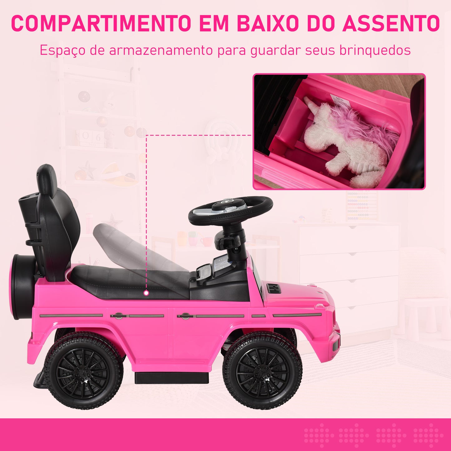 HOMCOM Carro de Passeio Carro Andador para Crianças acima de 12 Meses Mercedes G350 com Buzina Capô Removível Encosto e Suporte de Proteção 85,5x40,5x95 cm Rosa