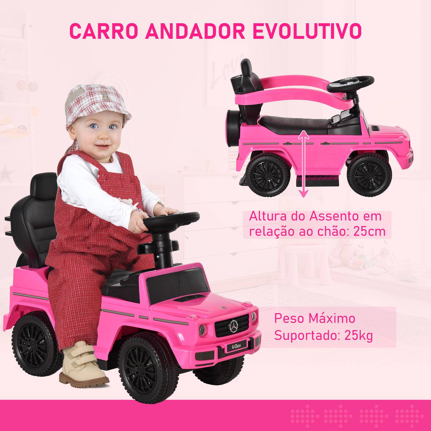 HOMCOM Carro de Passeio Carro Andador para Crianças acima de 12 Meses Mercedes G350 com Buzina Capô Removível Encosto e Suporte de Proteção 85,5x40,5x95 cm Rosa