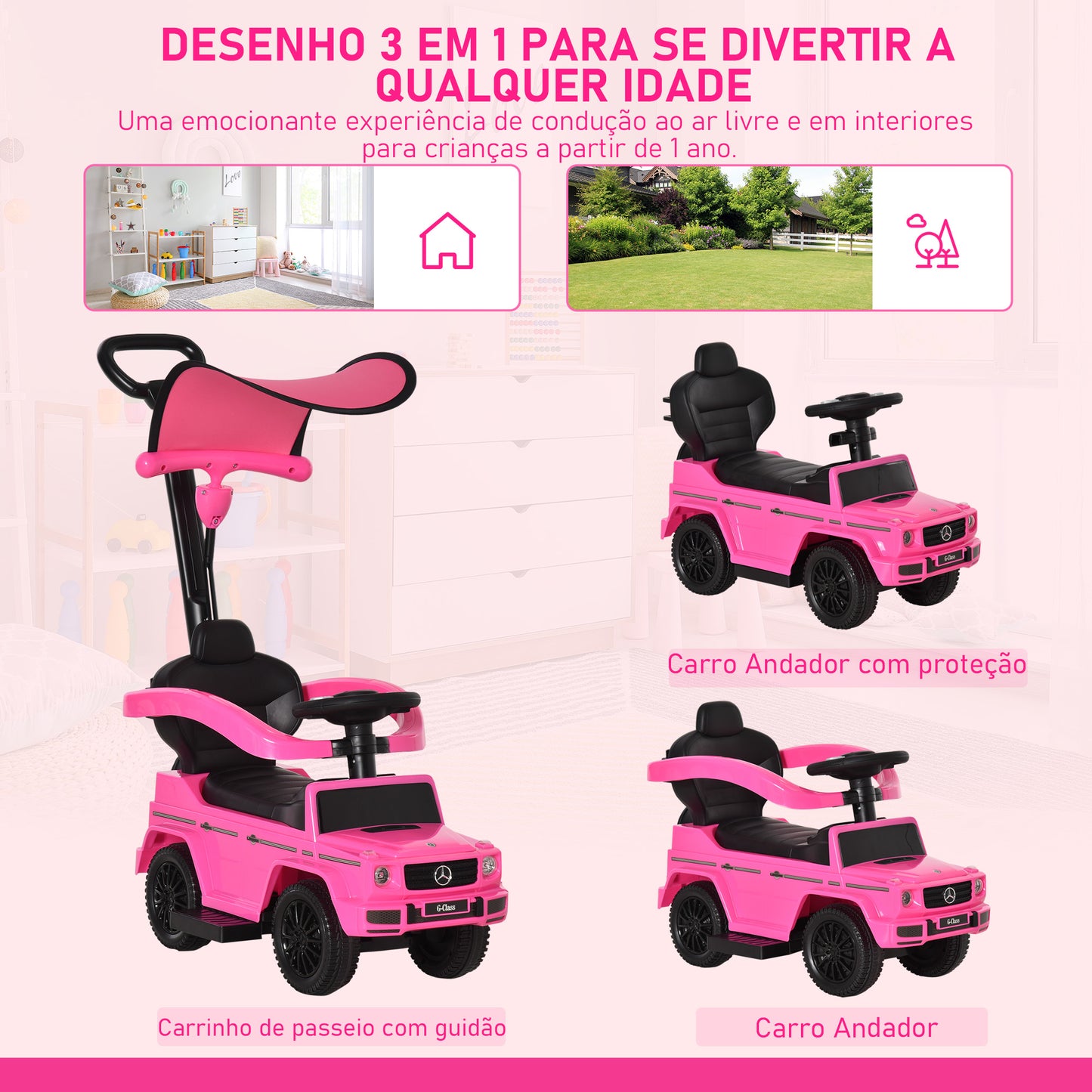 HOMCOM Carro de Passeio Carro Andador para Crianças acima de 12 Meses Mercedes G350 com Buzina Capô Removível Encosto e Suporte de Proteção 85,5x40,5x95 cm Rosa