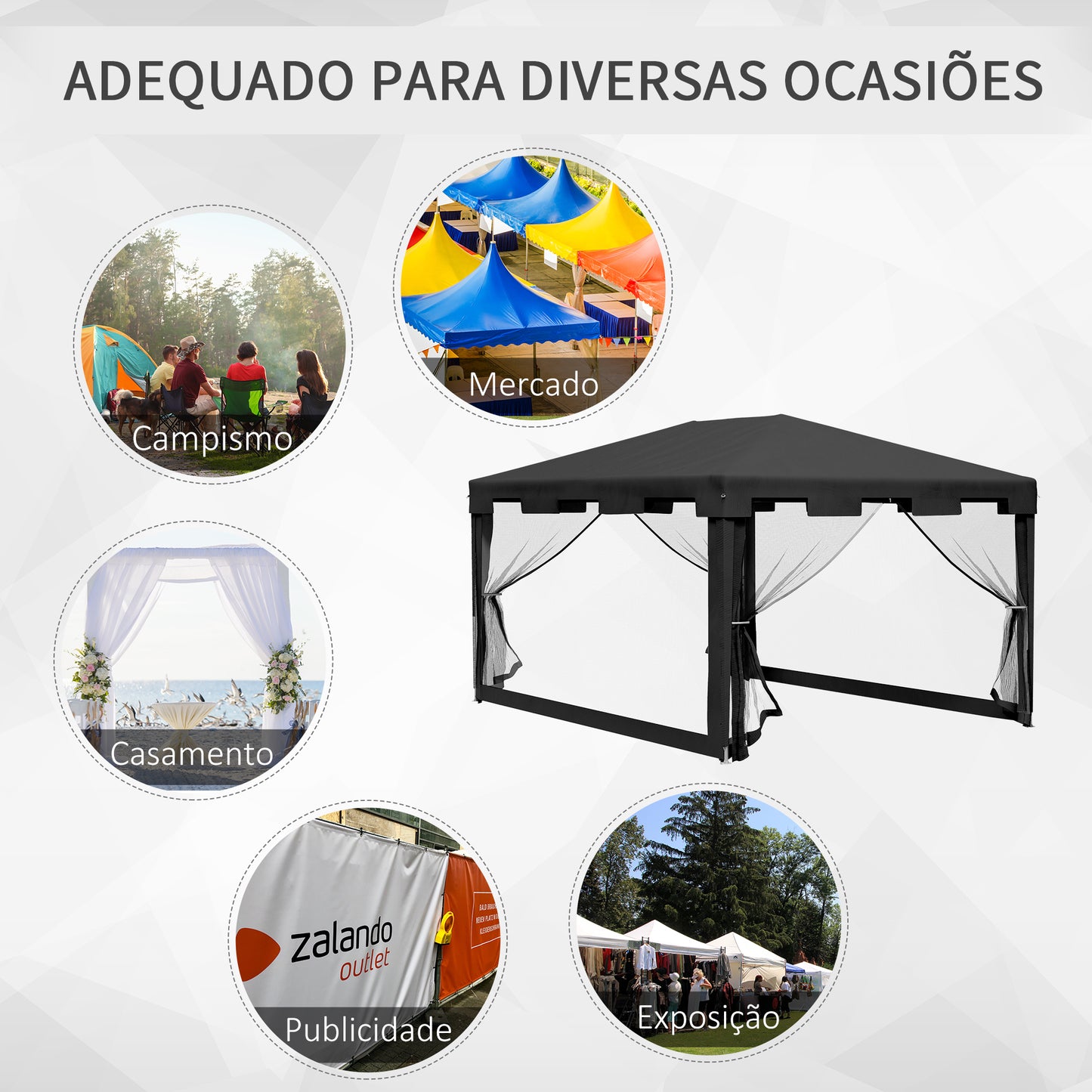 Outsunny Tenda de Jardim 4x3 m Tenda Dobrável de Exterior com 4 Mosqueteiras Laterais 2 Portas com Fecho de Correr e 8 Orifícios de Drenagem para Pátio Praia Cinza