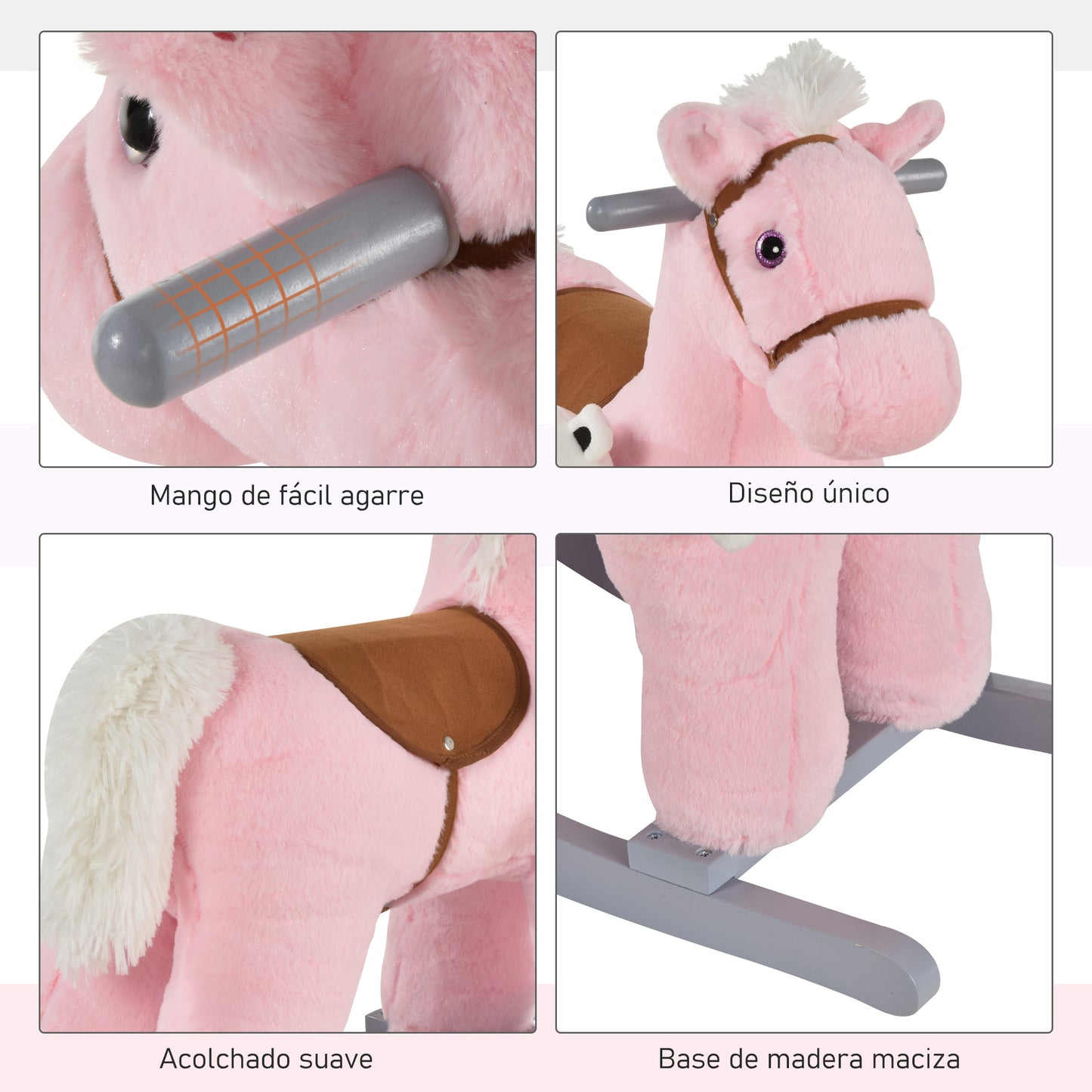 HOMCOM Cavalo Baloiço para Crianças de 18-36 Meses Cavalo de Balançar com Ursinho de Pelúcia Sons de Relinchos e Galopes base de Madeira 65x26x55cm Rosa