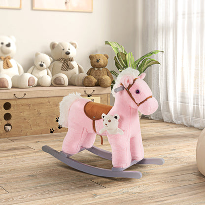 HOMCOM Cavalo Baloiço para Crianças de 18-36 Meses Cavalo de Balançar com Ursinho de Pelúcia Sons de Relinchos e Galopes base de Madeira 65x26x55cm Rosa