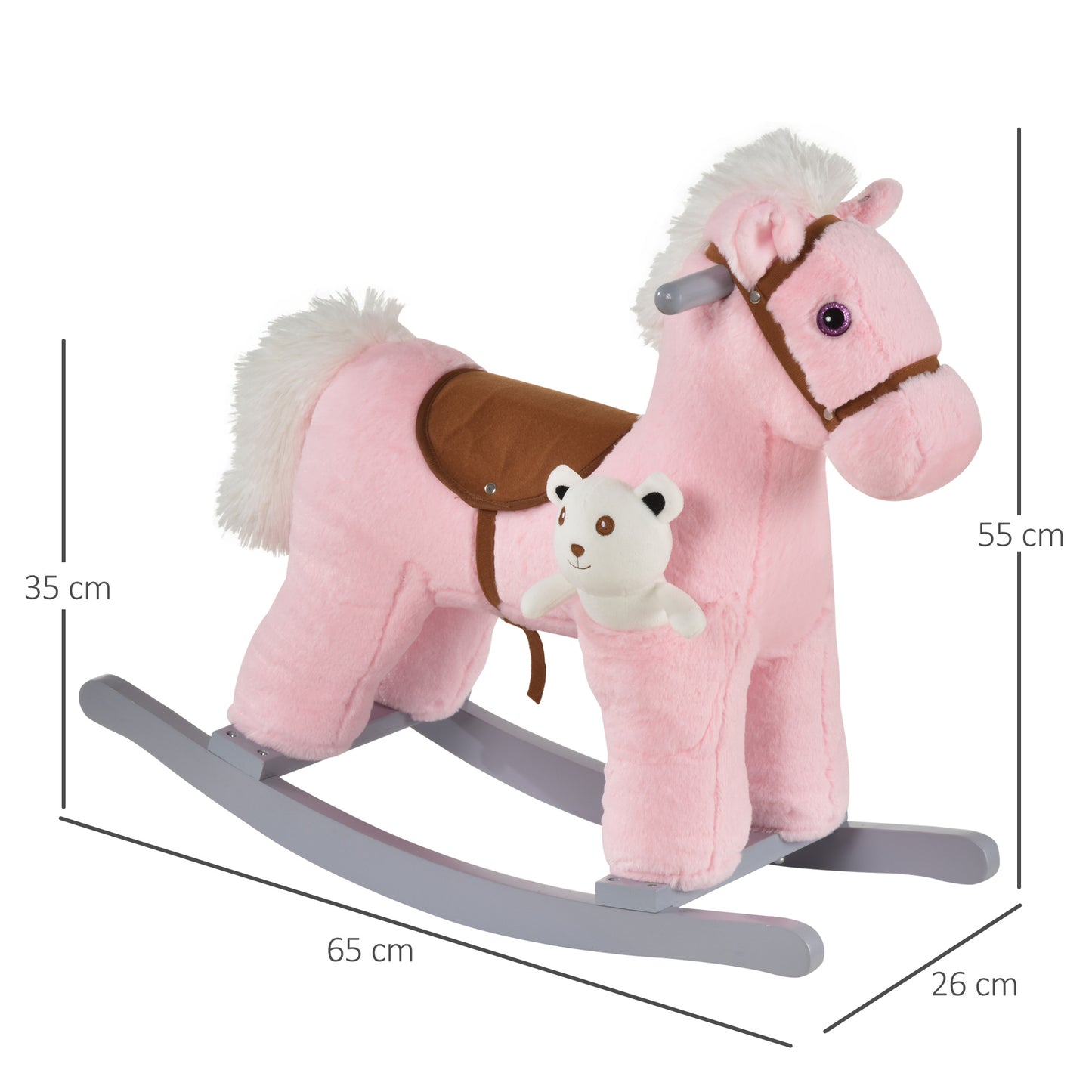 HOMCOM Cavalo Baloiço para Crianças de 18-36 Meses Cavalo de Balançar com Ursinho de Pelúcia Sons de Relinchos e Galopes base de Madeira 65x26x55cm Rosa