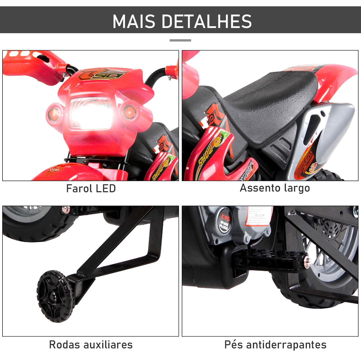 HOMCOM Mota Elétrica para Crianças Mota Elétrica Infantil Bateria 6V para Crianças acima de 3 Anos com Rodas de Apoio 102x53x66 cm Vermelho e Preto