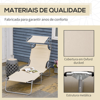 Outsunny Conjunto de 2 Espreguiçadeiras Dobráveis Espreguiçadeiras de Jardim com Toldo Removível e Ajustável Encosto Reclinável para Terraço Campismo 187x58x36 cm Bege