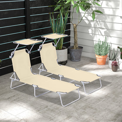 Outsunny Conjunto de 2 Espreguiçadeiras Dobráveis Espreguiçadeiras de Jardim com Toldo Removível e Ajustável Encosto Reclinável para Terraço Campismo 187x58x36 cm Bege