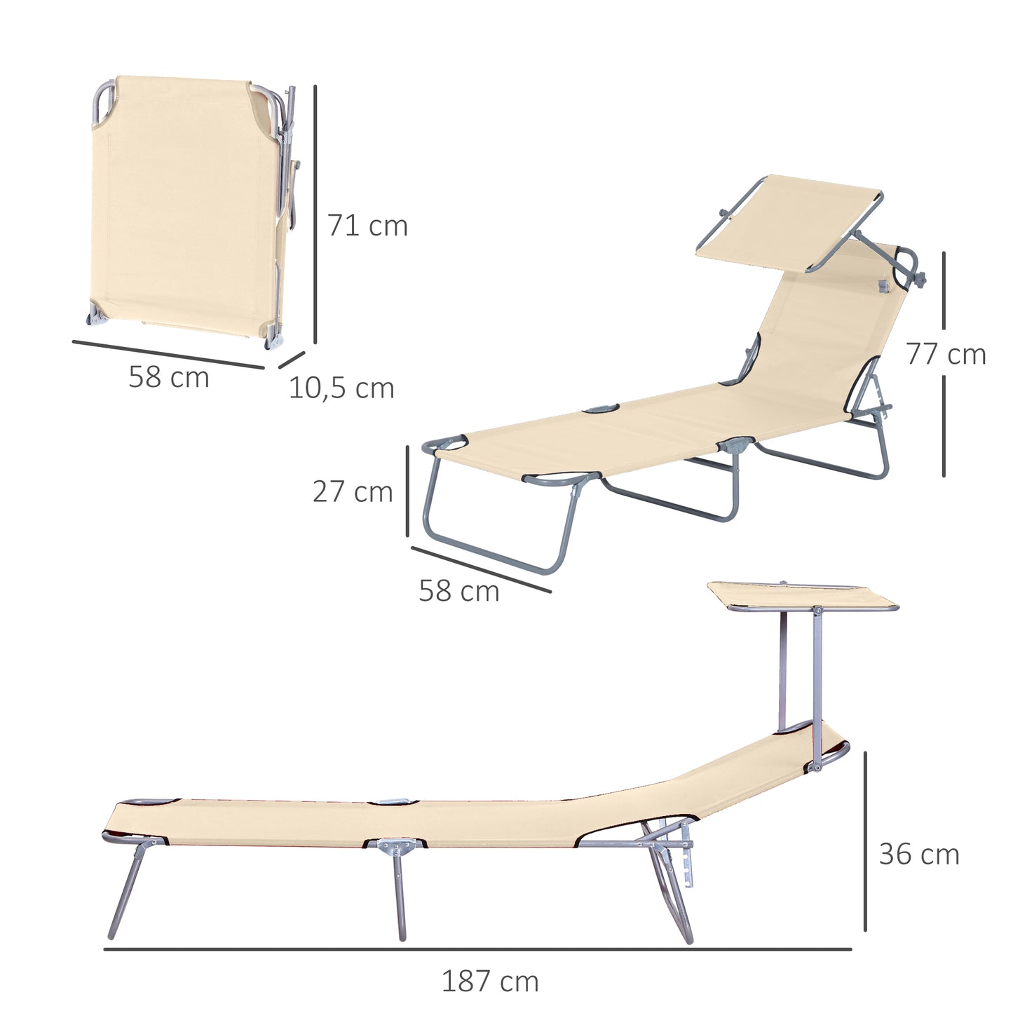 Outsunny Conjunto de 2 Espreguiçadeiras Dobráveis Espreguiçadeiras de Jardim com Toldo Removível e Ajustável Encosto Reclinável para Terraço Campismo 187x58x36 cm Bege