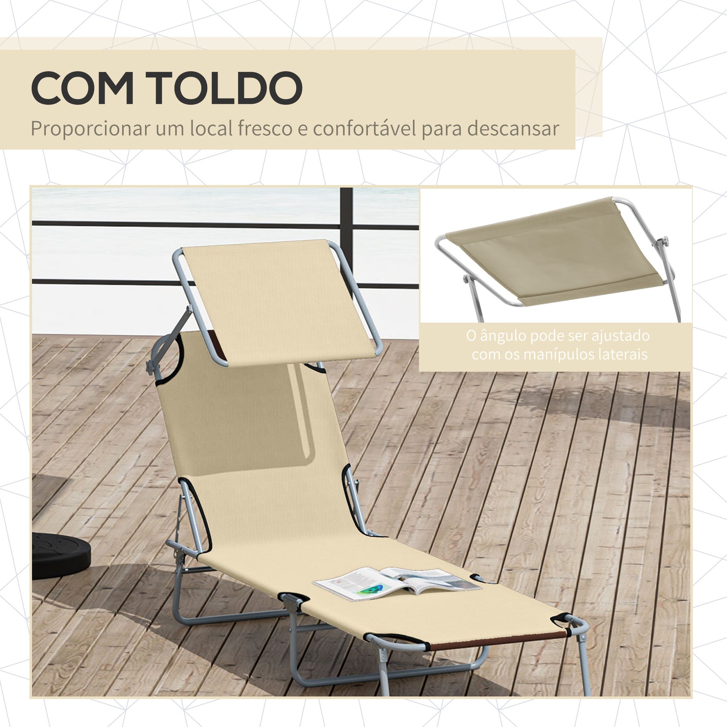 Outsunny Conjunto de 2 Espreguiçadeiras Dobráveis Espreguiçadeiras de Jardim com Toldo Removível e Ajustável Encosto Reclinável para Terraço Campismo 187x58x36 cm Bege