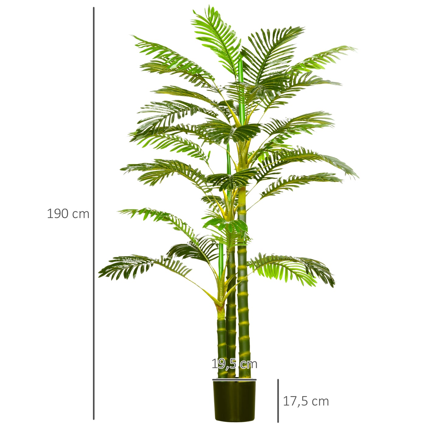 HOMCOM Planta Artificial Palmeira Areca Grande 190 cm com Vaso e 30 Folhas Decoração para Interior e Exterior Sala de Estar Escritório Ø19,5x190 cm Verde