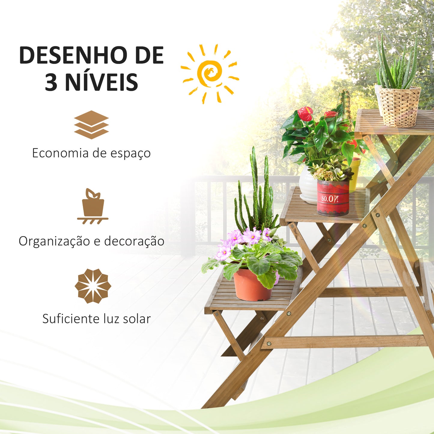 Outsunny Suporte de Madeira para Plantas em Forma de Escada com 3 Prateleiras Dobrável Suporte de Vasos de Plantas para Decoração de Interiores e Exteriores 101x83x88cm Marrom