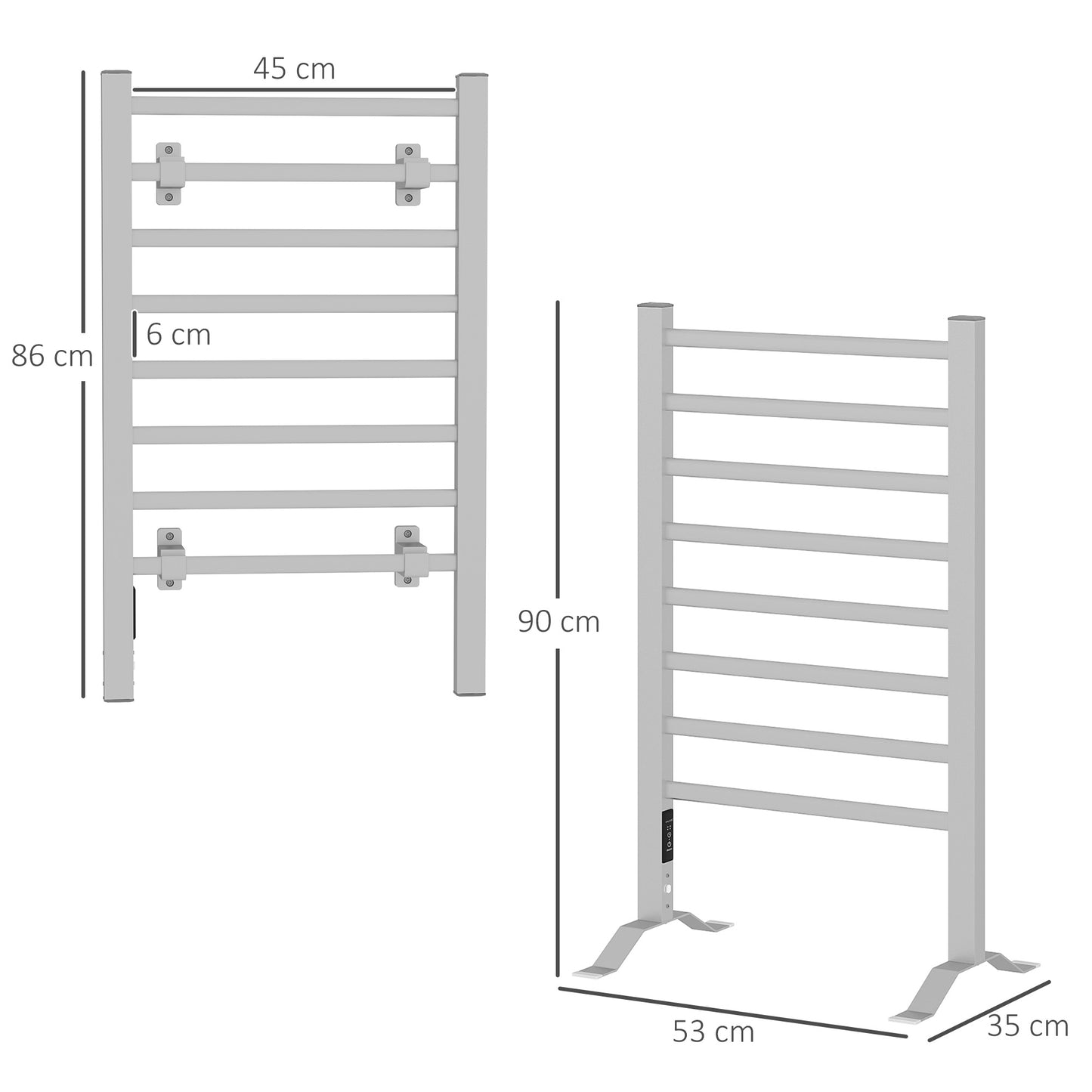 HOMCOM Toalheiro Elétrico de Parede ou Solo 150 W Aquecedor de Toalhas de Liga de Alumínio com Função de Temporizador e 8 Barras para Casa de Banho 53x35x90 cm Prata