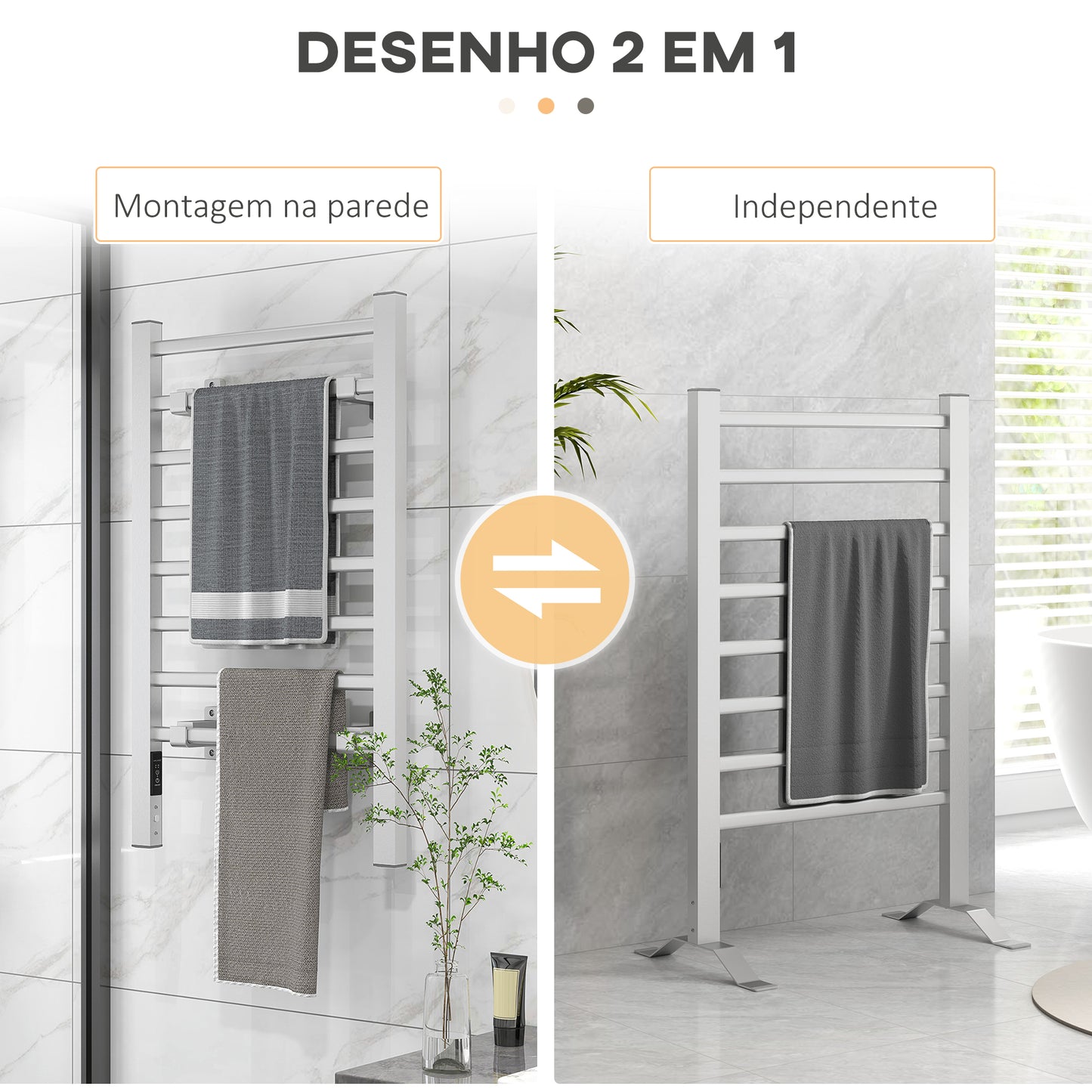 HOMCOM Toalheiro Elétrico de Parede ou Solo 150 W Aquecedor de Toalhas de Liga de Alumínio com Função de Temporizador e 8 Barras para Casa de Banho 53x35x90 cm Prata