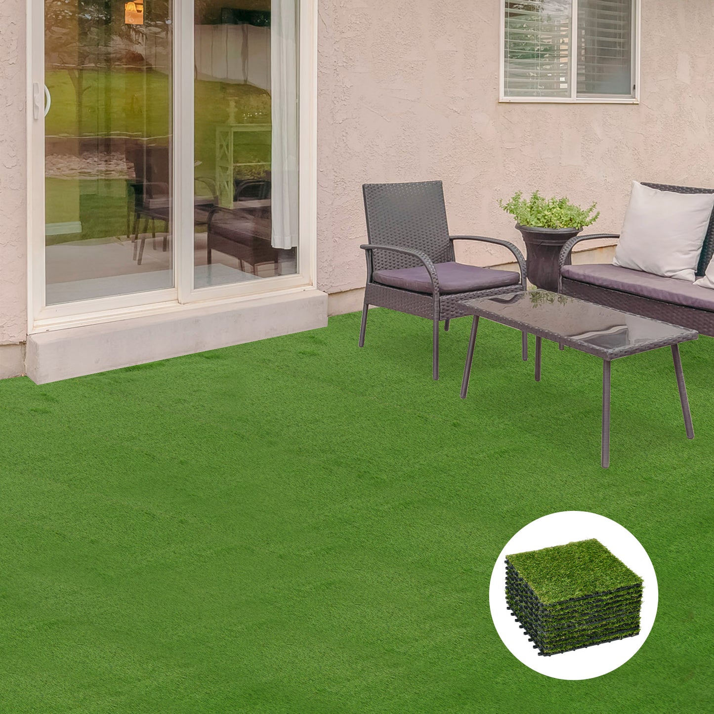 Outsunny Relva Artificial 30x30cm 10 Peças com Altura de 25mm Alta Densidade 6500 Relva Artificial de Encaixe para Exterior Pátio Terraço Verde