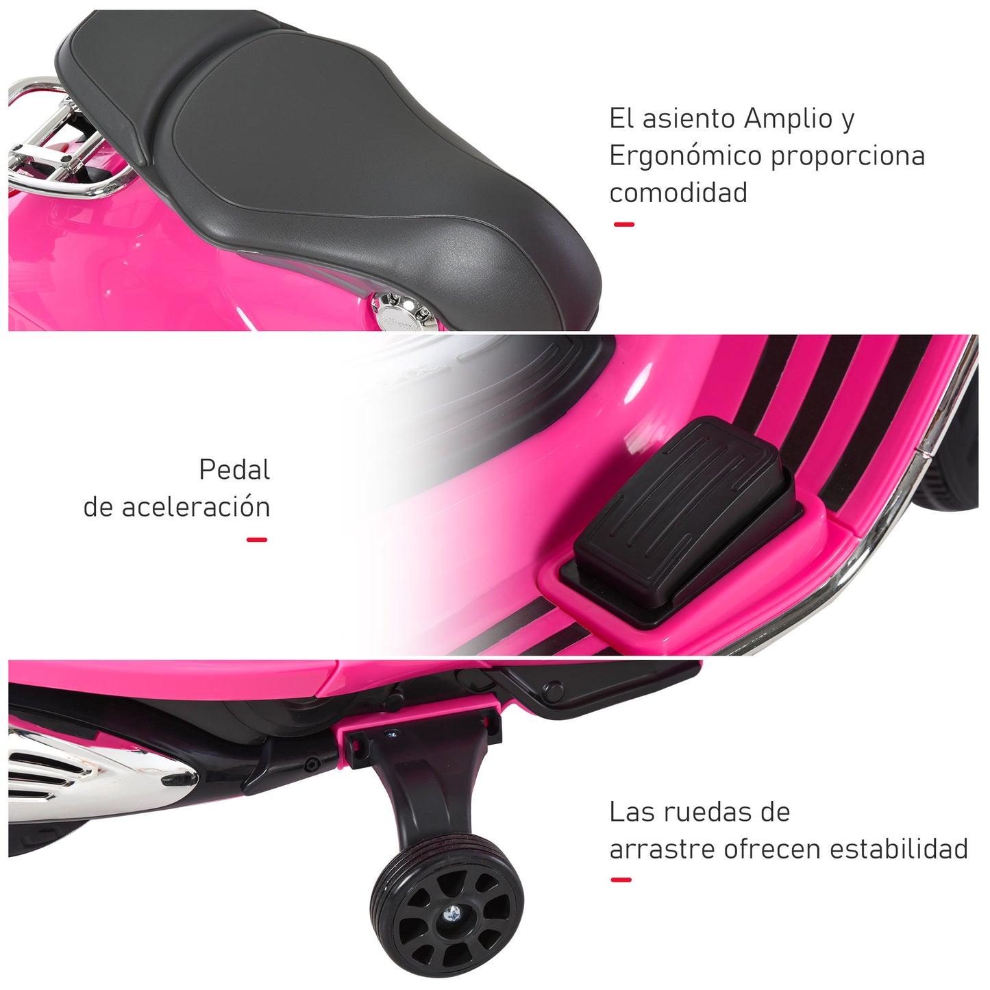 HOMCOM Mota Elétrica Vespa com Faróis Música 2 Rodas Auxiliares para Crianças acima de 3 Anos Mota Elétrica Infantil 108x49x75 cm Rosa