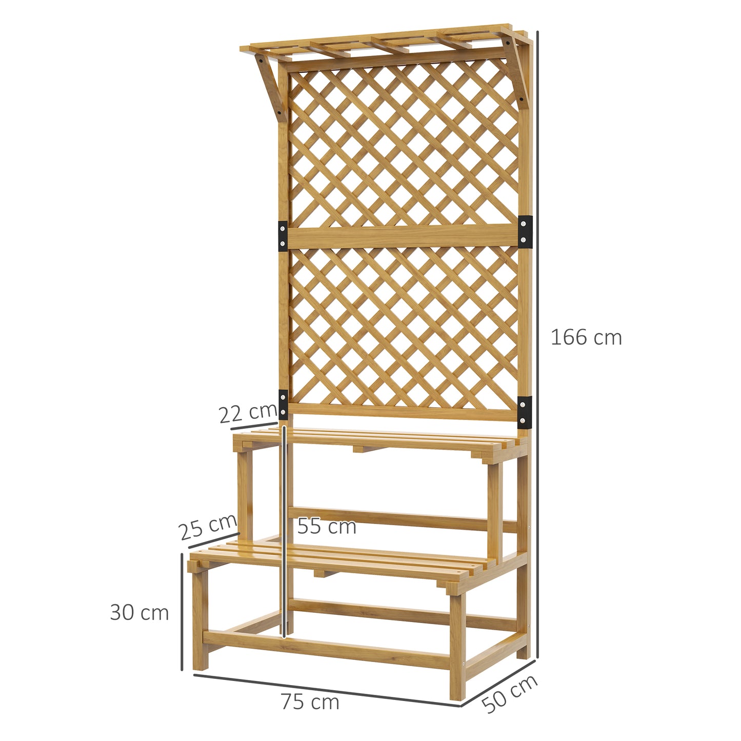 Outsunny Suporte para Plantas de Madeira com Treliça Suporte para Vasos de 2 Níveis para Jardim Pátio Terraço Varanda 75x50x166 cm Natural