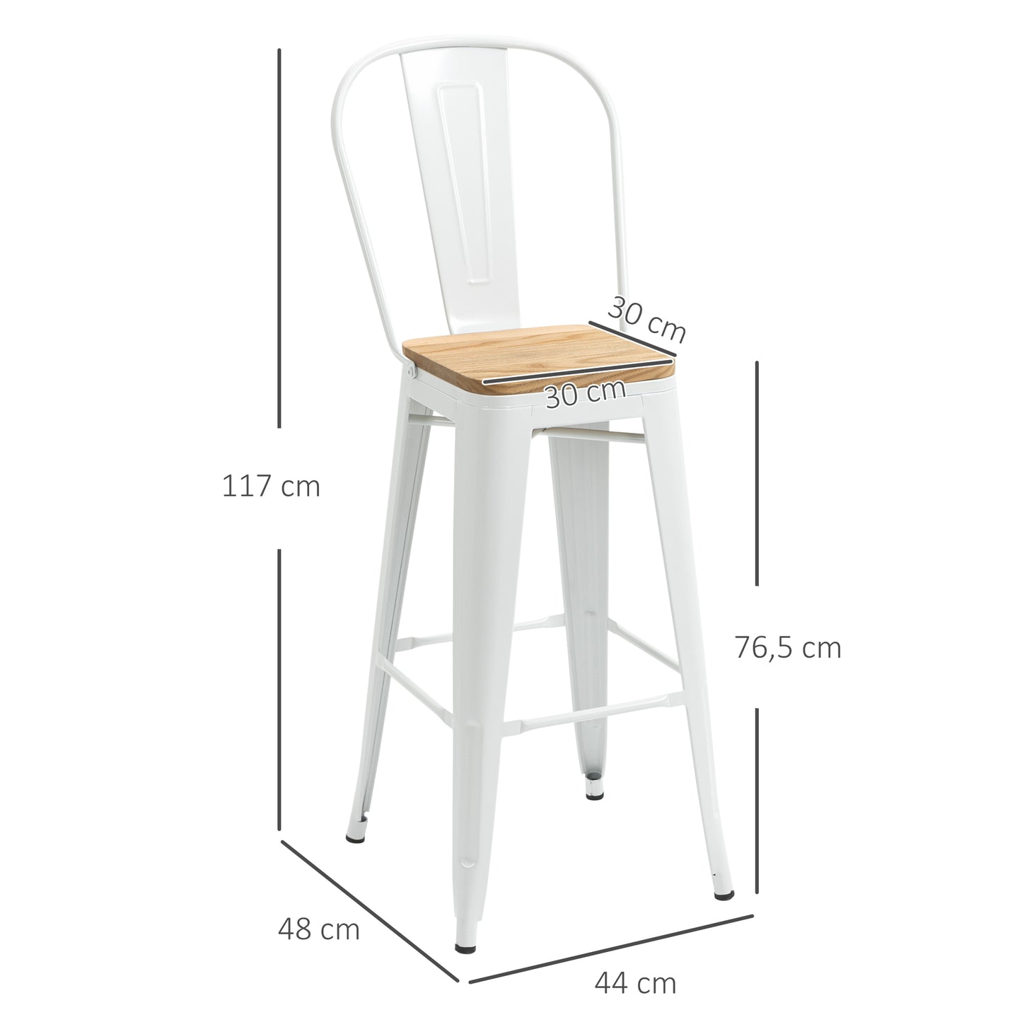 HOMCOM Conjunto de 4 Bancos Altos de Cozinha Empilháveis com Encosto Alto Bancos de Bar com Apoio para os Pés Assento de Madeira e Estrutura de Aço Carga 120 kg 44x53x116 cm Branco