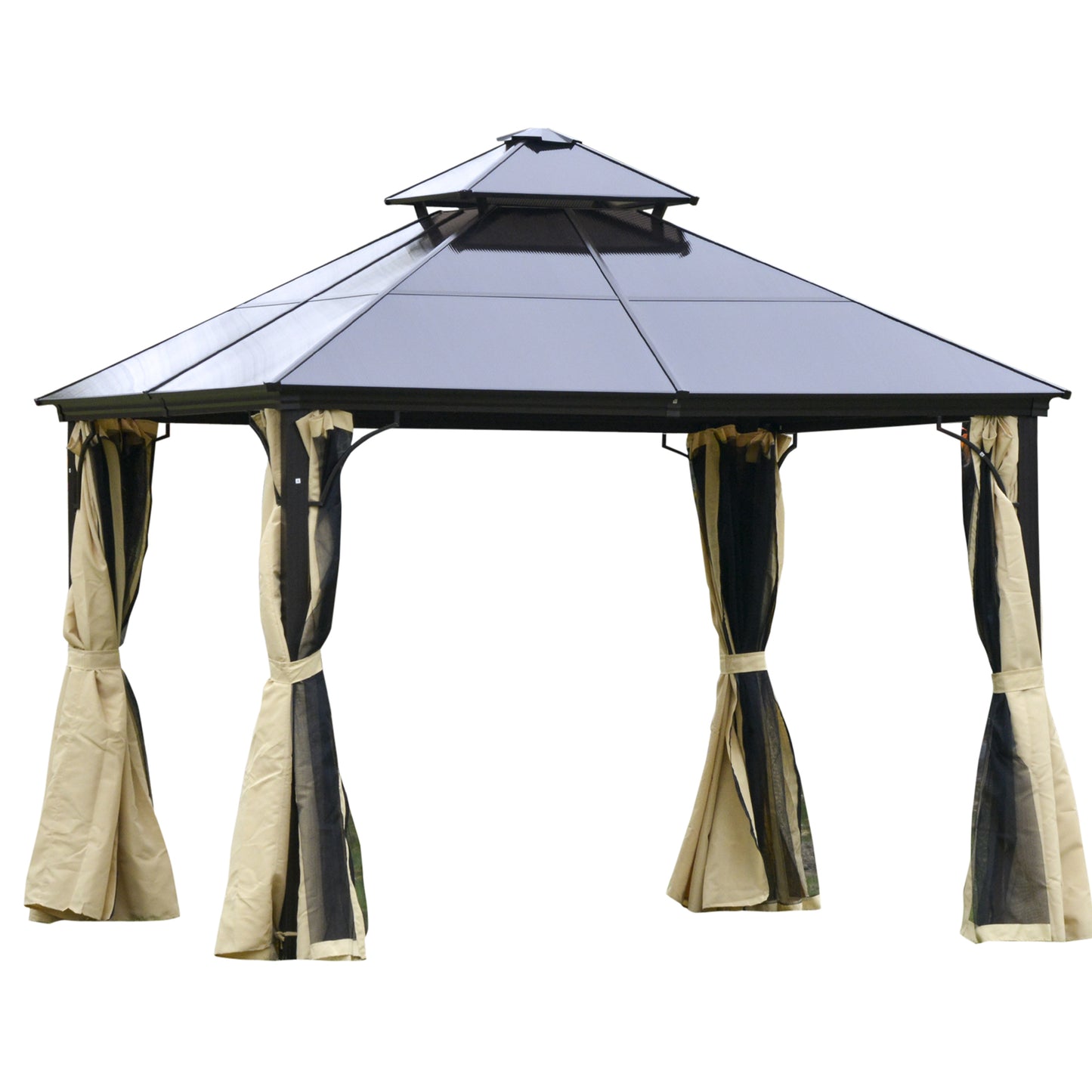 Outsunny Gazebo 3x3 m com teto duplo de policarbonato e 4 cortinas 4 redes mosquiteiras com zíper, moldura de alumínio bege e preto