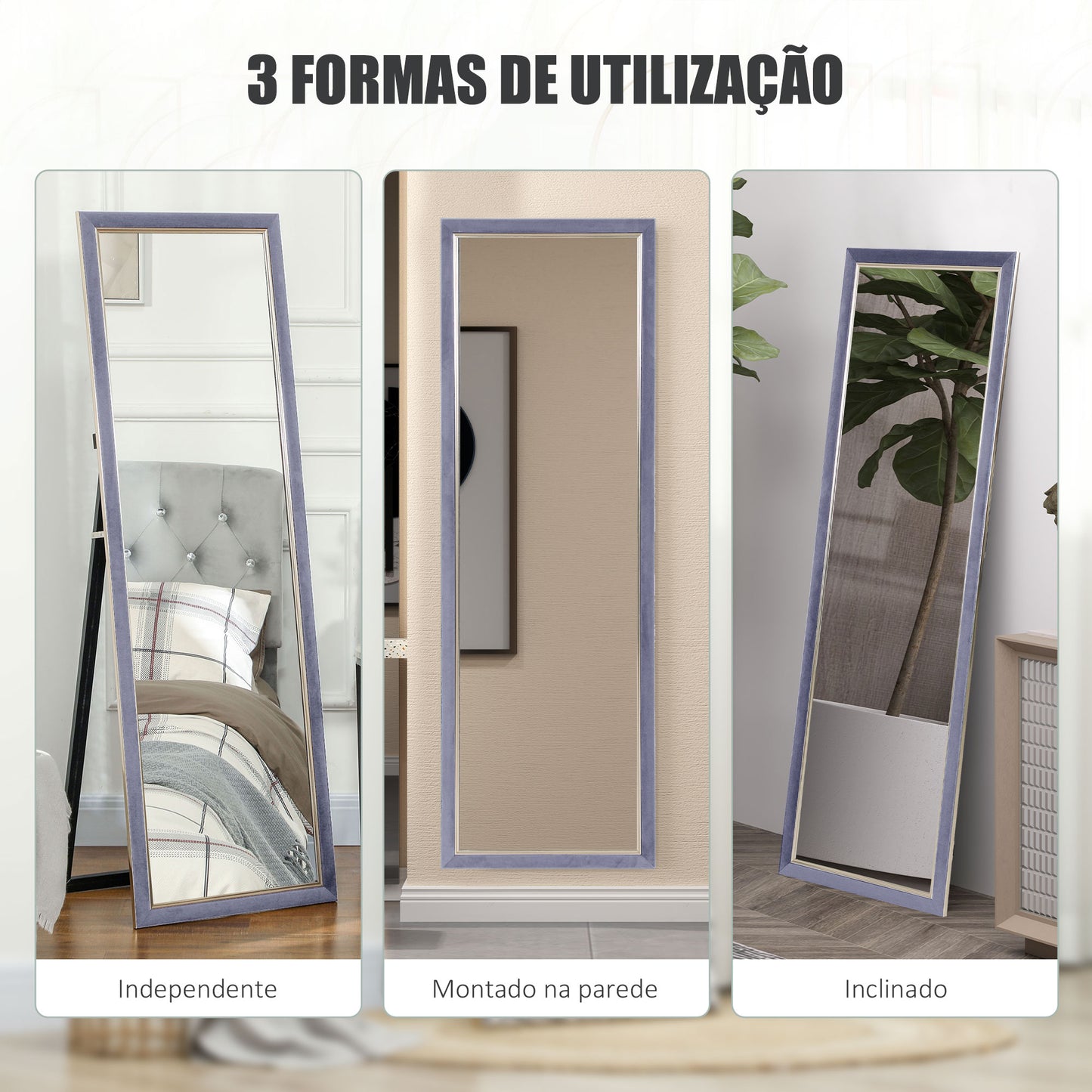 HOMCOM Espelho de Pé 50x150 cm Espelho de Corpo Inteiro com Estrutura em Veludo e Suporte para Sala de Estar Dormitório Cinza