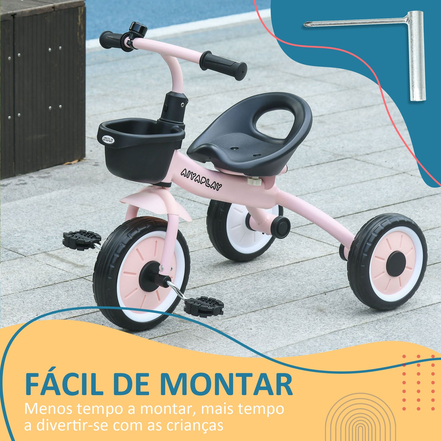 AIYAPLAY Triciclo para Crianças de 2 a 5 anos Triciclo Infantil com Assento Ajustável Cesta Buzina e Pedais e 3 Rodas Carga Máxima 25 kg 70,5x50x58 cm Rosa