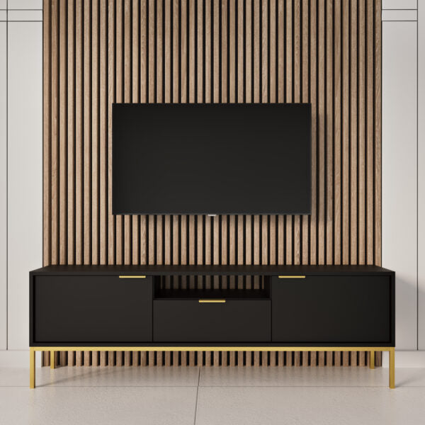 Móvel de TV "AUSTIN" de 2 Portas e 1 Gavetas - 40×175×33 cm - Preto e Dourado - Design Moderno