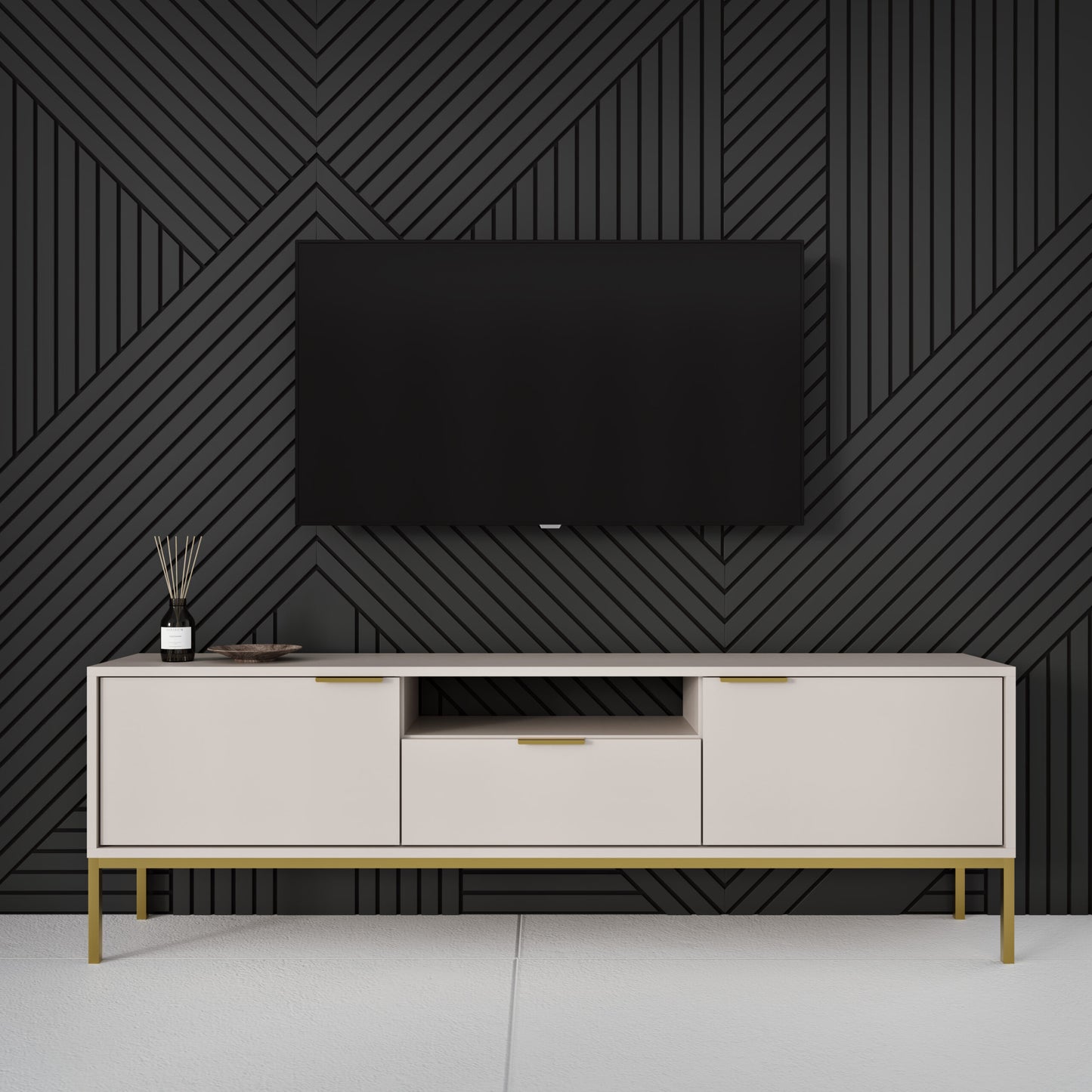 Móvel de TV "AUSTIN" de 2 Portas e 1 Gavetas - 40×175×33 cm - Creme e Dourado - Design Moderno